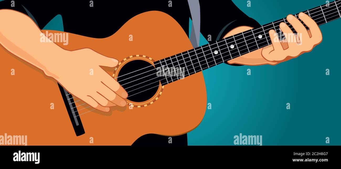 Vector illustration de mains jouer light brown guitare acoustique. Close up, fond bleu-vert, format horizontal. Illustration de Vecteur