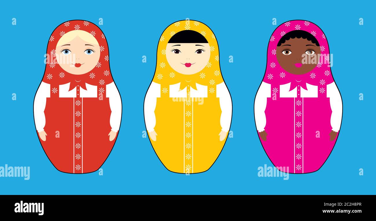 Illustration vectorielle de trois poupées russes de nidification Matryoshka de différentes races : asiatique, africaine et caucasienne. Isolé sur un fond bleu clair. Illustration de Vecteur