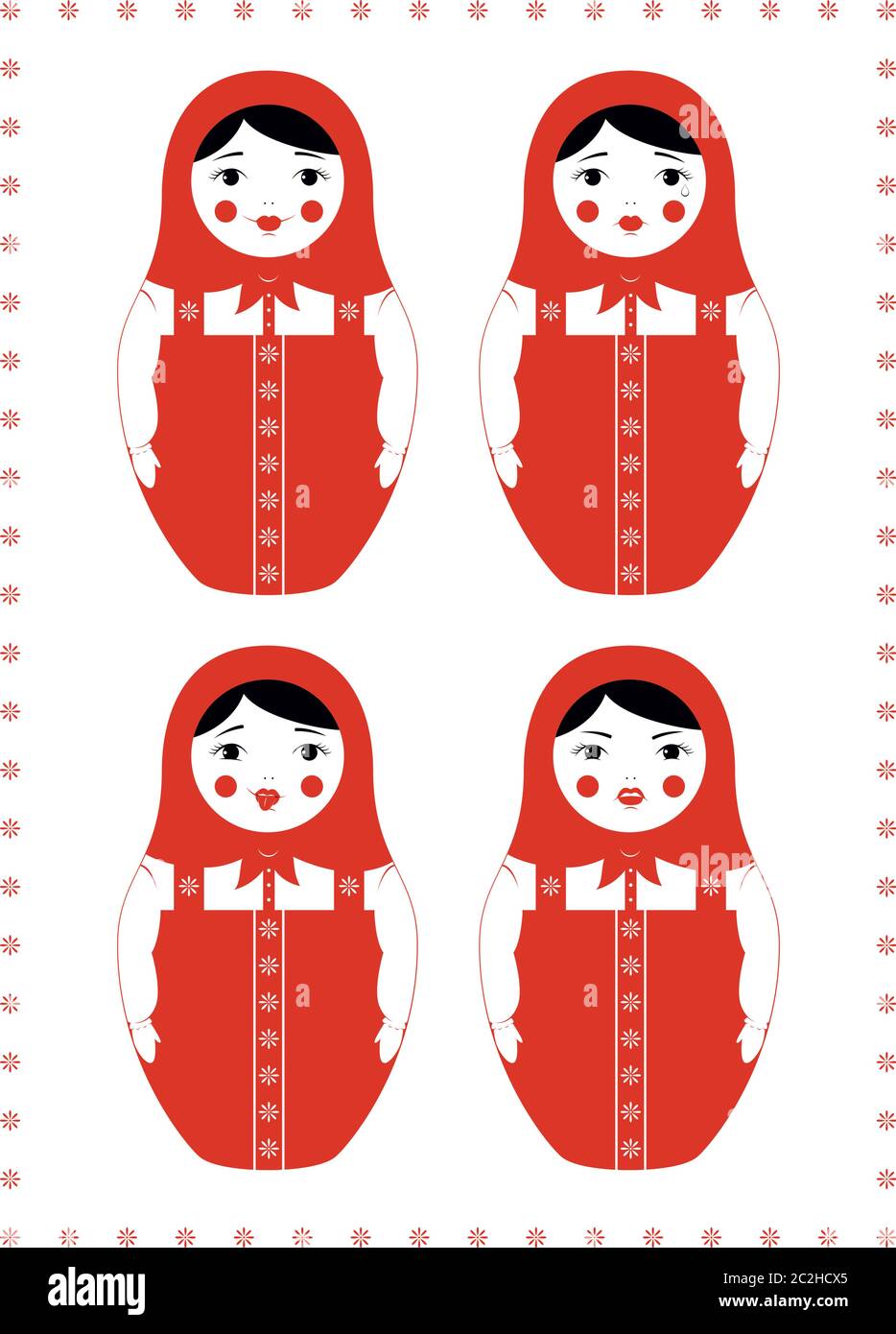 Illustration vectorielle d'une poupée de nidification russe Matryoshka.Quatre expressions du visage différentes - sourire, pleurer, mocking et colère.Motif Uni. Illustration de Vecteur