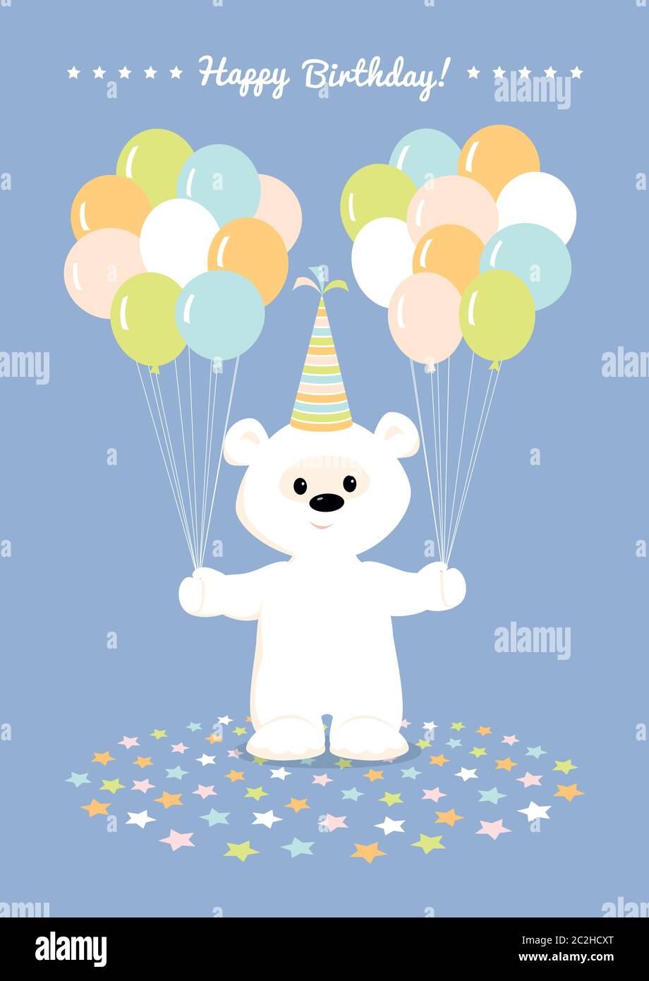 Illustration Vectorielle D Un Adorable Ours En Peluche Blanc Dans Un Chapeau D Anniversaire Tenant De Nombreux Ballons Et Souriant Carte De Vœux Joyeux Anniversaire Dans Un Coloris Pastel Image Vectorielle Stock Alamy