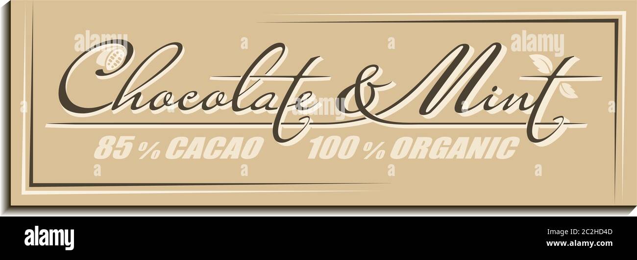 Texte manuscrit calligraphique chocolat et menthe avec haricots cacao et icône de feuilles de menthe. Conception de la marque Illustration de Vecteur