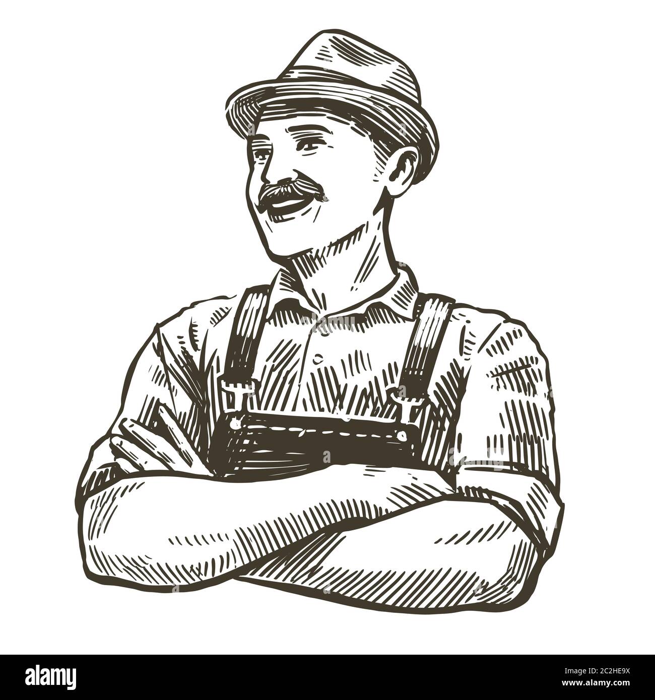 Dessin dessiné à la main Happy Farmer. Agriculture, agriculture illustration vectorielle vintage Illustration de Vecteur