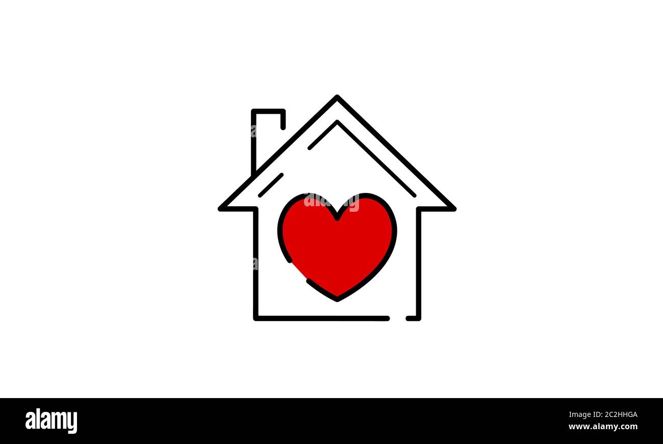 Illustration vectorielle de la maison d'art transparente de ligne noire avec un coeur rouge représentant la maison est où le coeur est, isolé sur fond blanc. Illustration de Vecteur