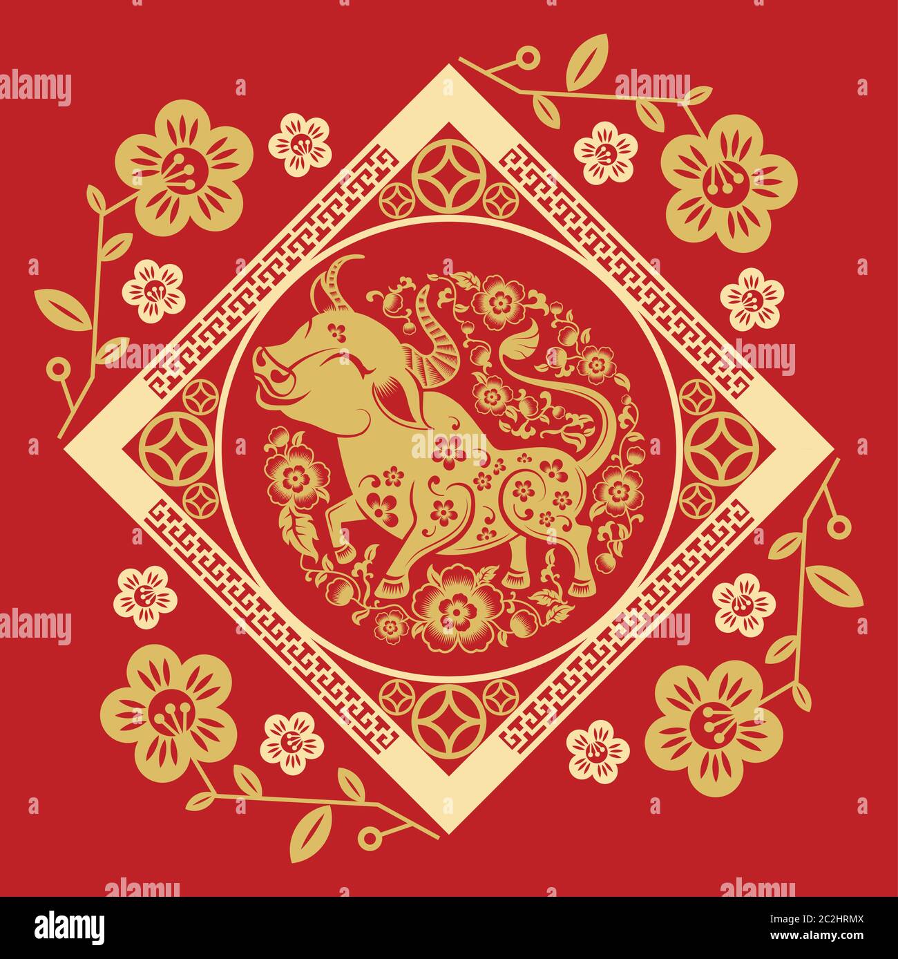 Nouvel an chinois 2021 année du boeuf, papier rouge coupé caractère boeuf, fleur et éléments asiatiques avec style artisanal sur fond. Illustration de Vecteur