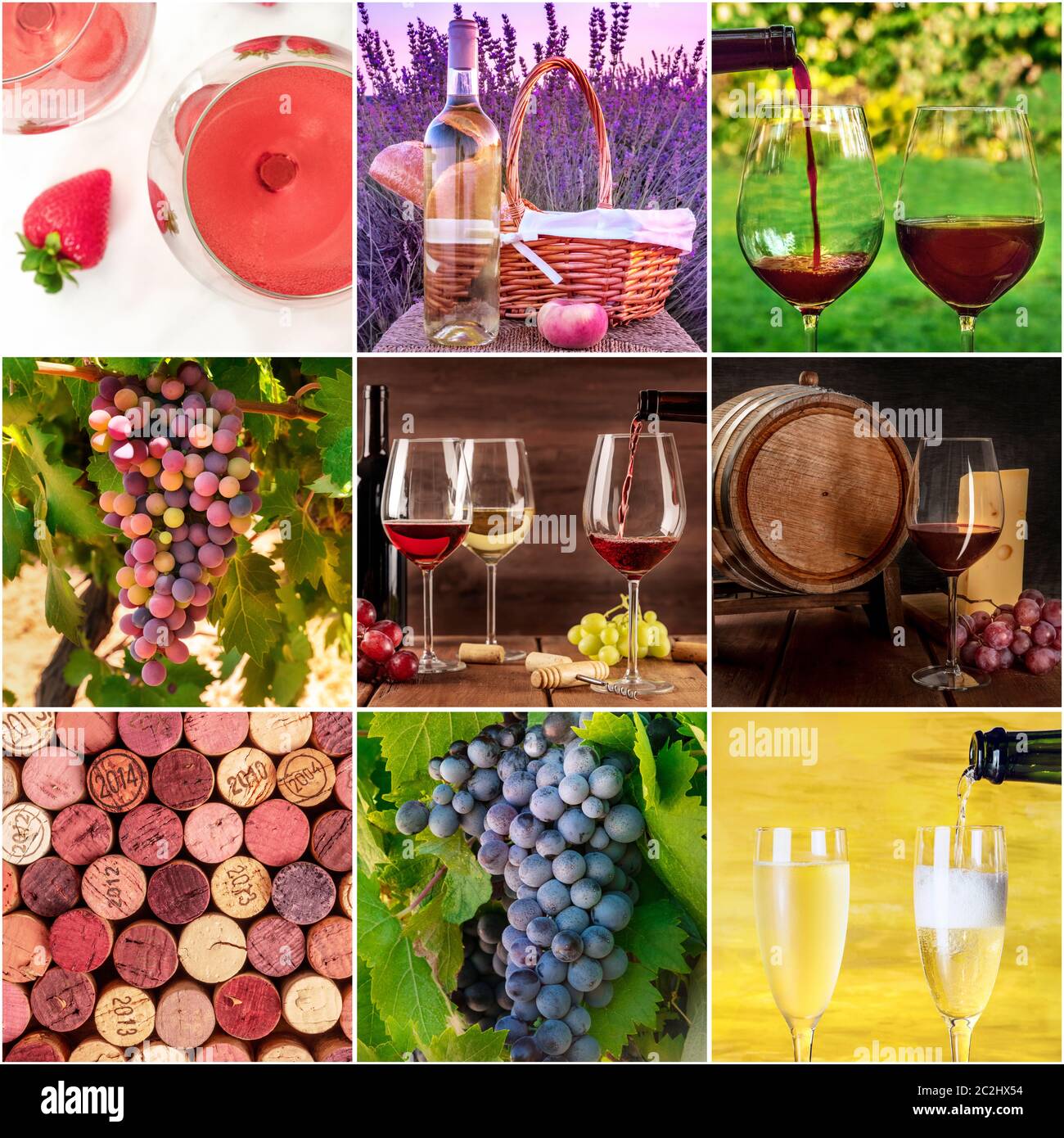 Collage à la française. De nombreuses photos de raisins, de verres à vin, de barils, de bouchons et de champagne, un modèle carré pour une bannière, Banque D'Images