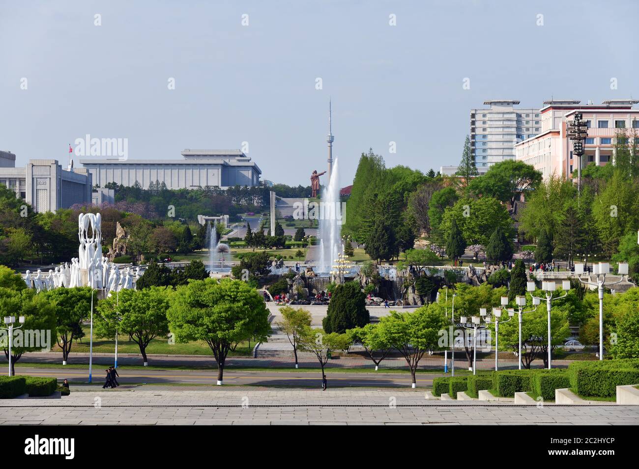 Pyongyang, Corée du Nord - 1er mai 2019 : vue de la capitale du centre-ville de Pyongyang, en Corée du Nord, depuis la Maison d'étude des grands peuples Banque D'Images
