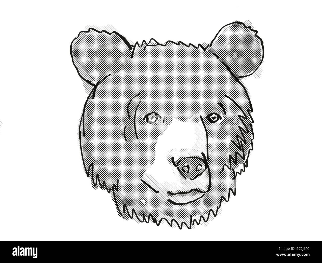 Retro cartoon style dessin de tête d'un ours noir d'Asie , une espèce en voie d'espèces isolées sur fond blanc en noir et blanc. Banque D'Images