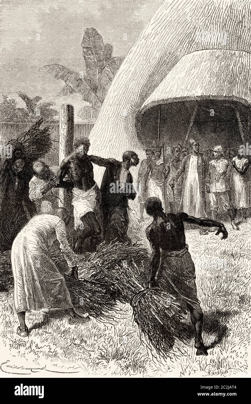 Le prisonnier Uavuma. Ouganda, Afrique centrale. Voyage à l'Afrique inexplorée, le continent mystérieux par Henry Morton Stanley. Illustration gravée du XIXe siècle, El Mundo Ilustrado 1880 Banque D'Images