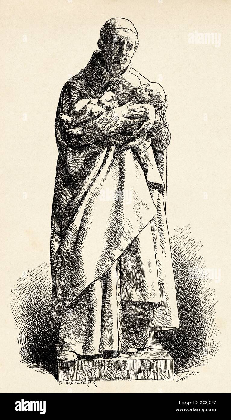 Statue en marbre de Saint Vincent de Paul du sculpteur français Jean-Alexandre-Joseph Falguiere (1831 - 1900). Illustration gravée du XIXe siècle, El Mundo Ilustrado 1880 Banque D'Images