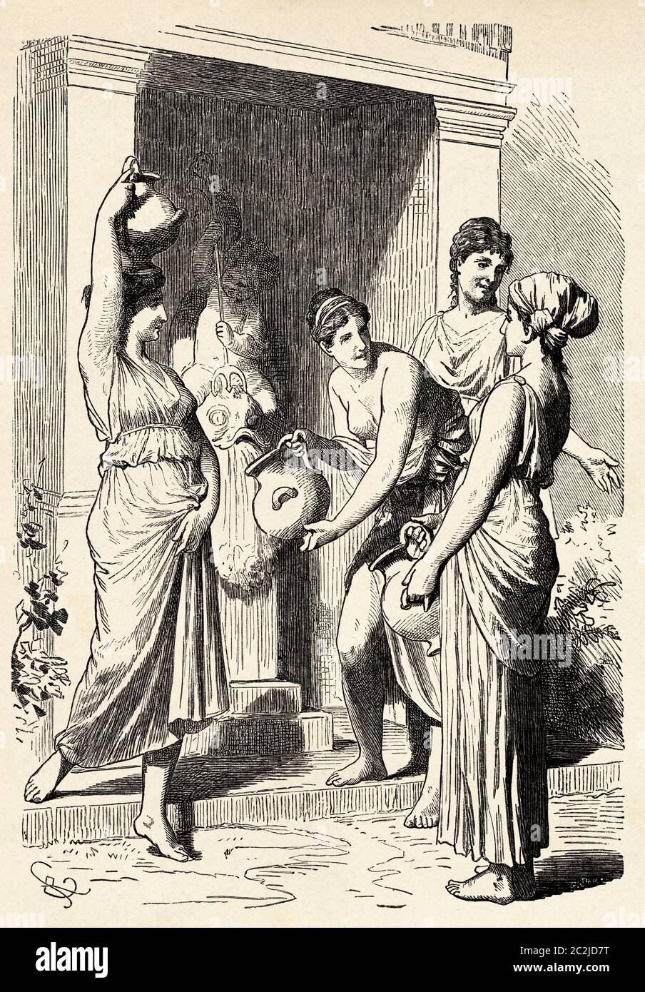 Portrait des esclaves grecs qui tirent l'eau d'une fontaine. Grèce antique. Illustration gravée du XIXe siècle, El Mundo Ilustrado 1880 Banque D'Images