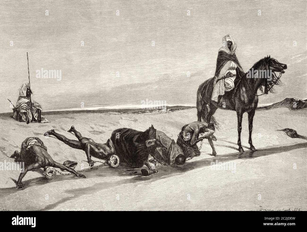 Caravane d'esclaves avec chameaux pendant un arrêt de repos, Grand désert du Sahara, Afrique. Illustration gravée du XIXe siècle, El Mundo Ilustrado 1880 Banque D'Images