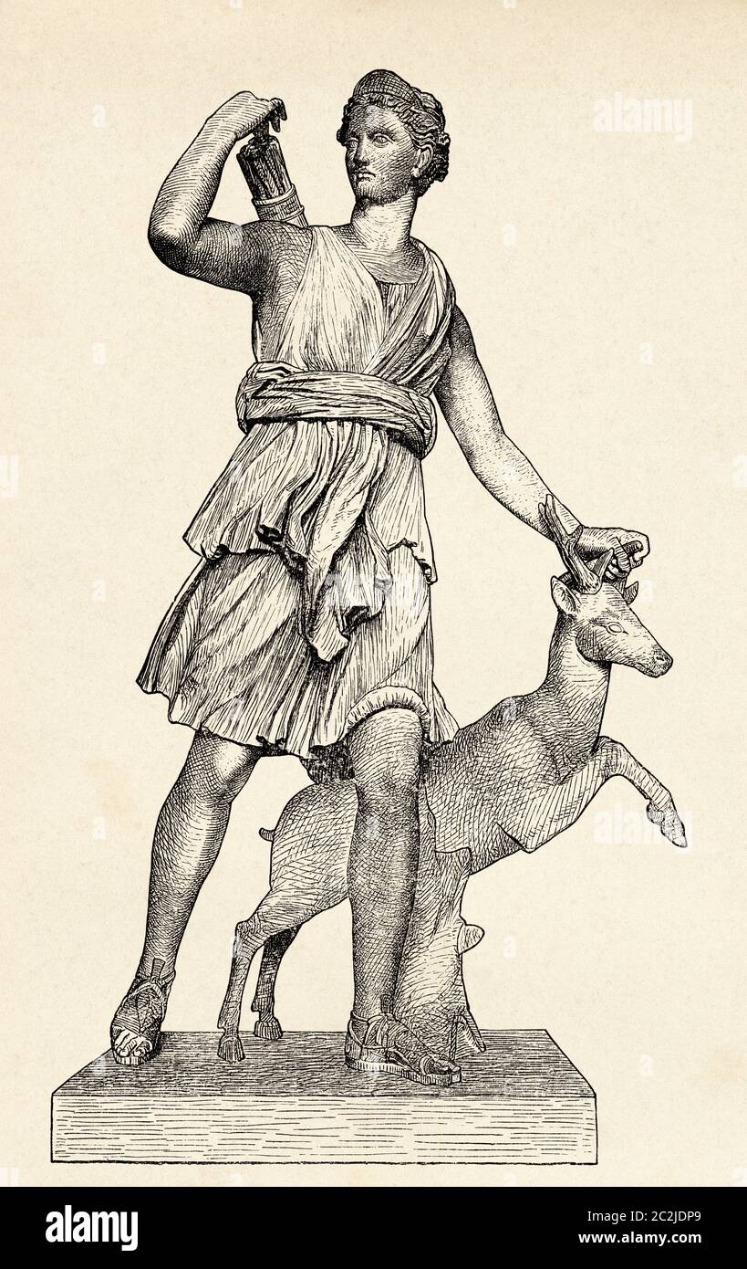 Statue de la déesse Diana le Huntress. Sculpture de marbre, Grèce antique. Illustration gravée du XIXe siècle, El Mundo Ilustrado 1880 Banque D'Images