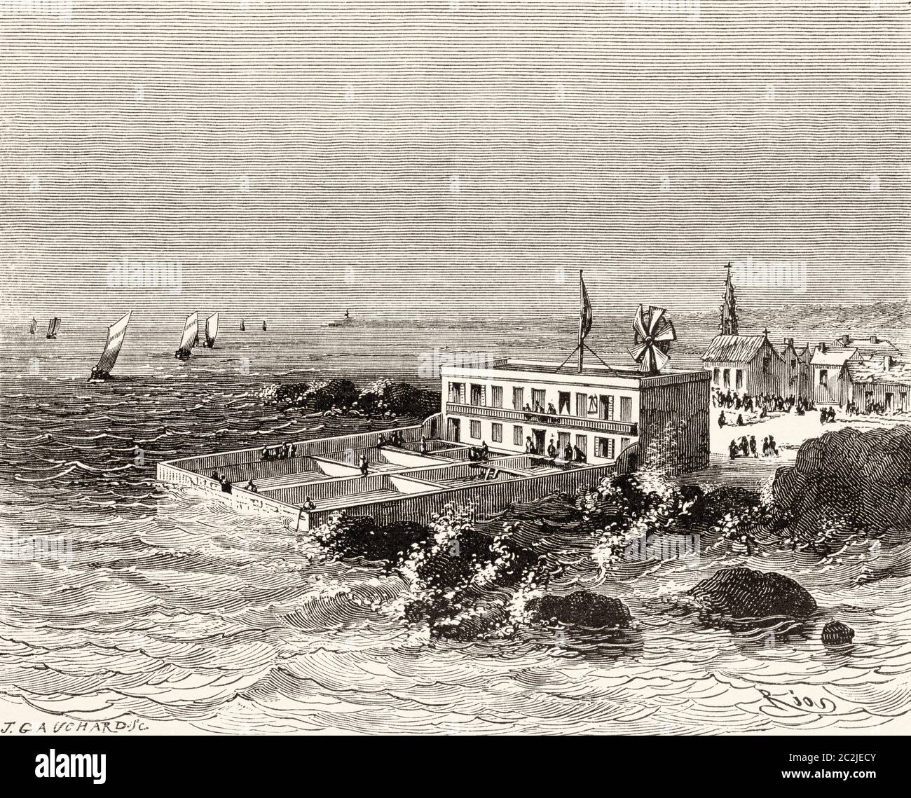 Usine de pisciculture à Concarneau, Finistère, Bretagne. France, Europe. Illustration gravée du XIXe siècle, El Mundo Ilustrado 1880 Banque D'Images