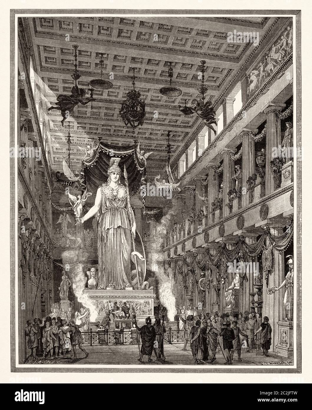 La récréation artistique du Parthénon pendant la période classique Statue de la déesse Athéna. Athènes. Grèce antique. Illustration gravée du XIXe siècle, El Mundo Ilustrado 1880 Banque D'Images