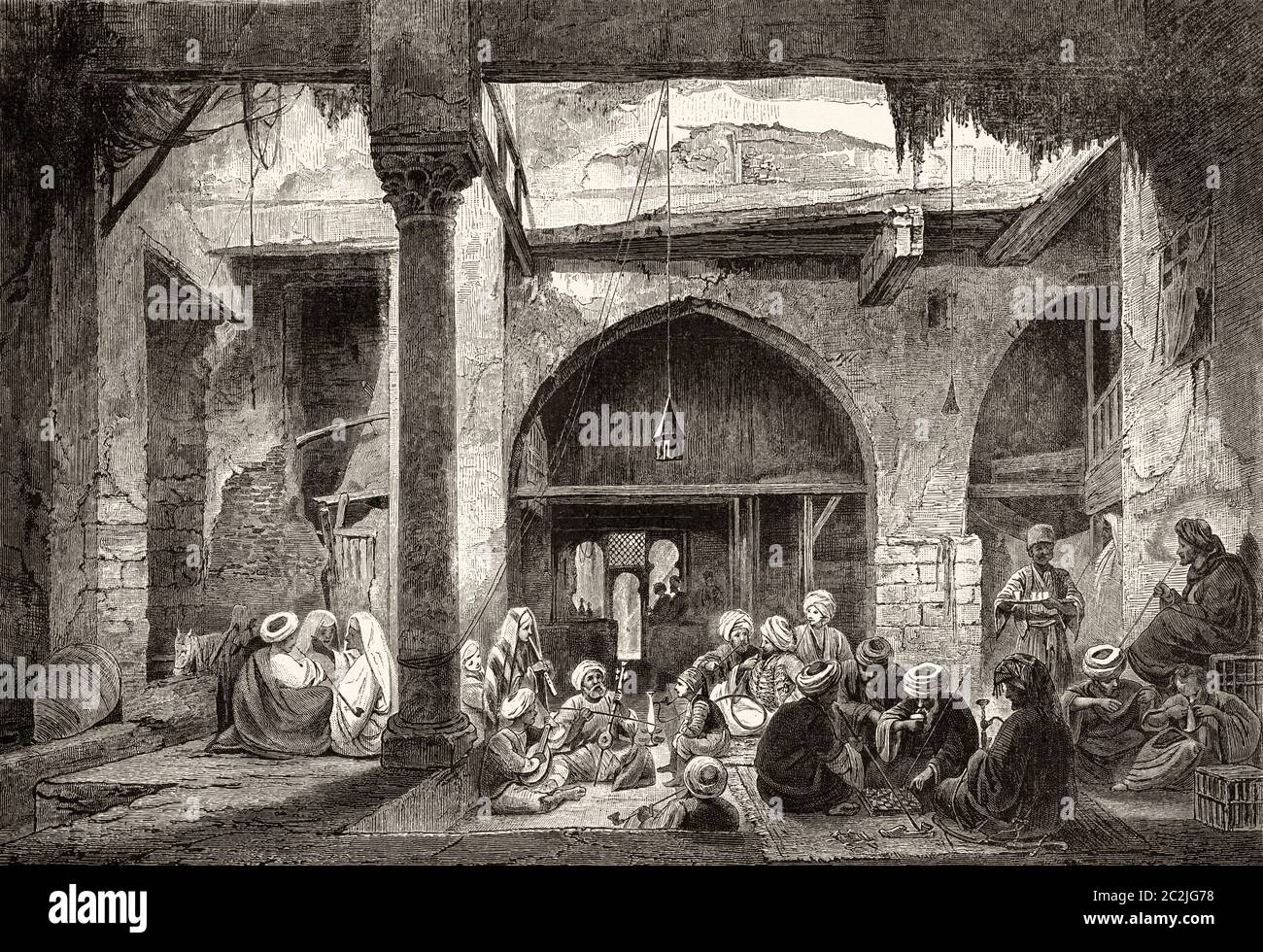Un café égyptien traditionnel, le Caire, l'Égypte ancienne. Illustration gravée du XIXe siècle, El Mundo Ilustrado 1880 Banque D'Images