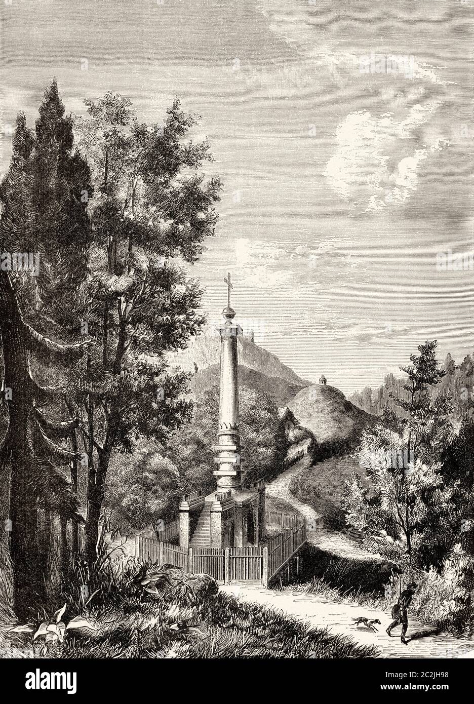 Monument au Baptême des premiers chrétiens russes près de Kiew. Russie. Illustration gravée du XIXe siècle, El Mundo Ilustrado 1880 Banque D'Images