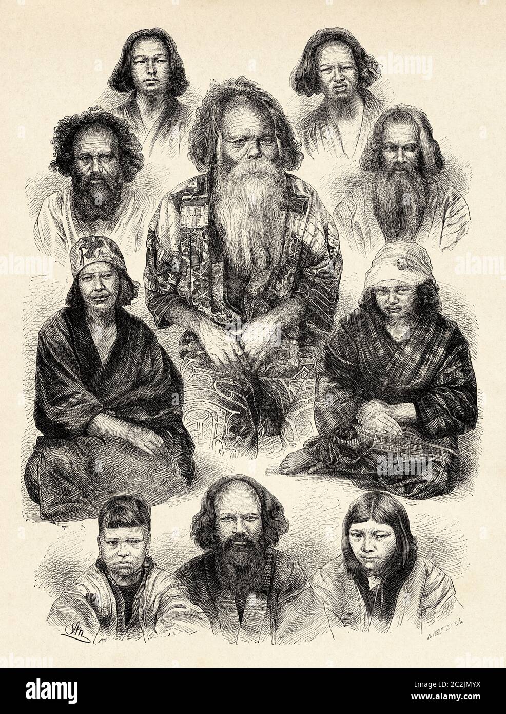 Personnages Ainu en costume traditionnel. Groupe ethnique autochtone de Hokkaido et de Honshu, dans le nord du Japon, ainsi que des îles Kouriles et de la moitié sud de l'île de Sakhaline, en Russie. Illustration gravée du XIXe siècle, El Mundo Ilustrado 1880 Banque D'Images