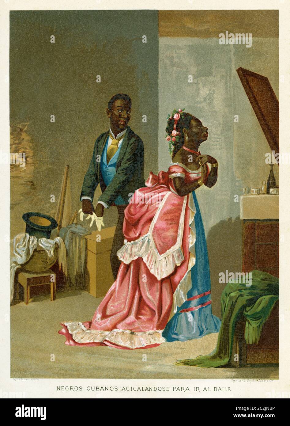 Les Cubains noirs s'habiller pour aller à la danse. Illustration gravée du XIXe siècle, El Mundo Ilustrado 1880 Banque D'Images