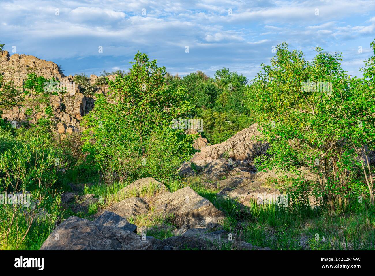 Rocky le rives de la rivière Bug du Sud près du village de Migiya en Ukraine sur un jour d'été ensoleillé Banque D'Images