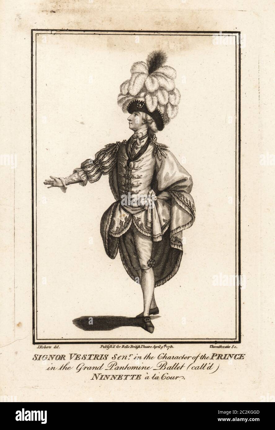 Signor Gaetan Vestris est le maître du personnage du Prince dans le grand ballet pantomime appelé Ninette a la Cour. Gravure sur plaque de coperplate par J. Thornthwaite, d'après une illustration de James Roberts au théâtre britannique John Bell, Londres, le 9 avril 1781. Banque D'Images