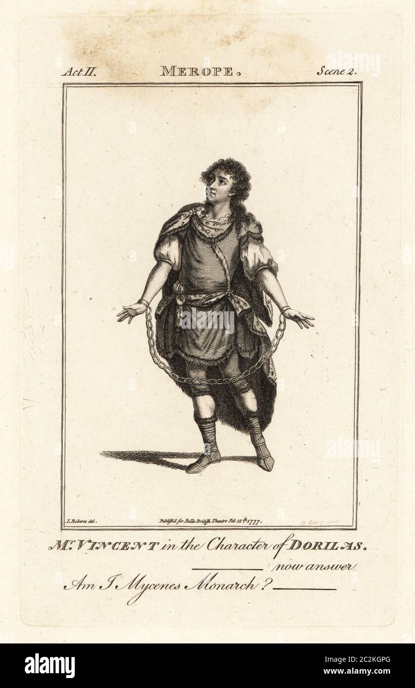 M. Charles Vincent dans le personnage de Dorllas ou Eulènes dans l’adaptation par Aaron Hill du Merope de Voltaire, Drury Lane Theatre, 1777. Gravure sur plaque de coperplate par B. Reading après une illustration de James Roberts du Théâtre britannique de Bell, composé des pièces les plus estimées en anglais, John Bell, Londres, 1780. Banque D'Images