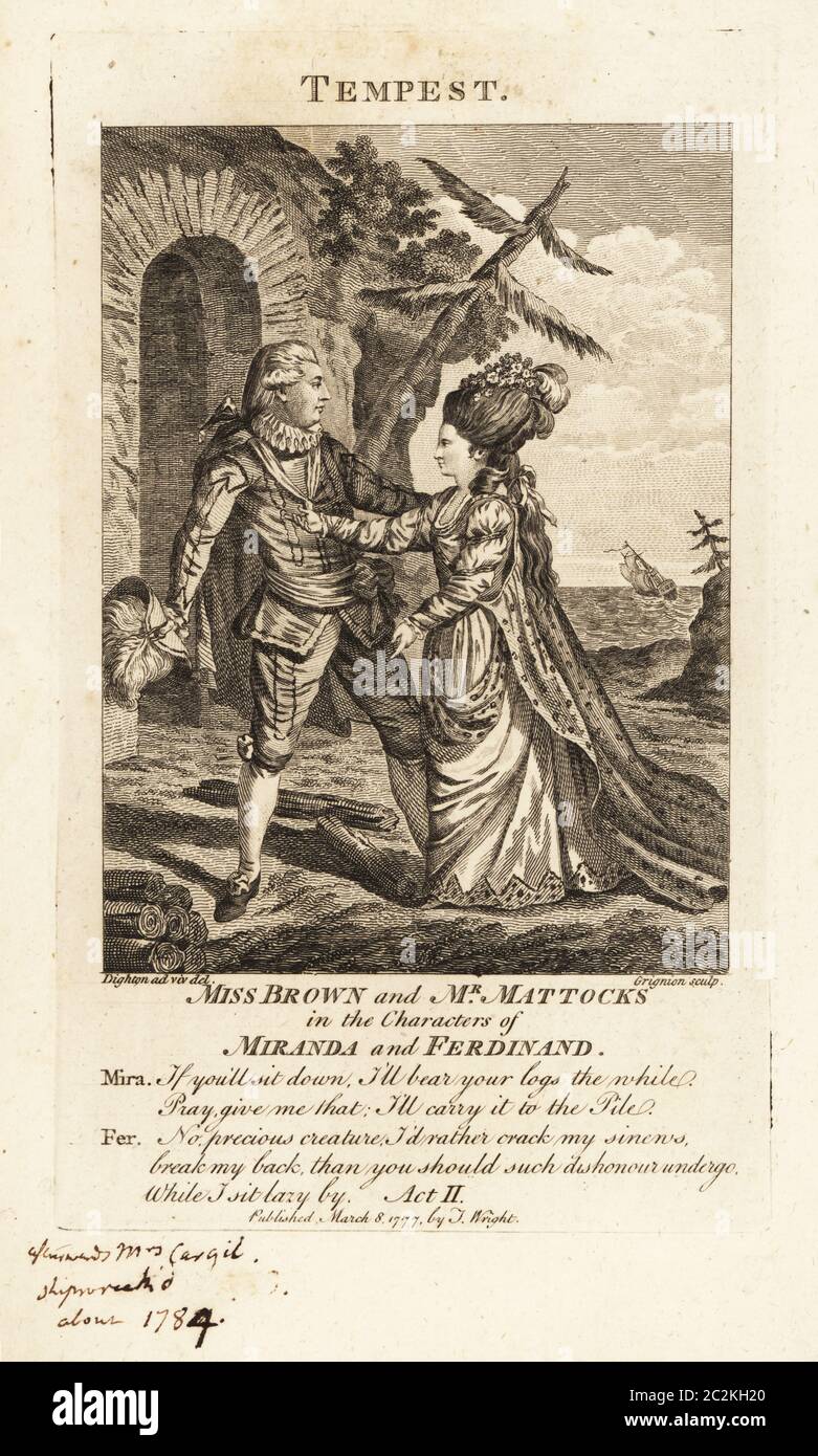 Mlle Ann Brown et M. George Mattocks dans les personnages de Miranda et Ferdinand dans une version opératique du Tempest de William Shakespeare, Covent Garden Theatre, 1776. George Mattocks était un acteur, chanteur et danseur, 1735-1804. Ann Brown, plus tard Mme Ann Cargill, était une diva d'opéra britannique qui mourut dans l'épave de la Nancy en 1784. Gravure sur plaque de coperplate par Charles Grignion d'après une illustration tirée de la vie par Robert Dighton publié dans le magazine Universal, J. Wright, Londres, 1777. Banque D'Images