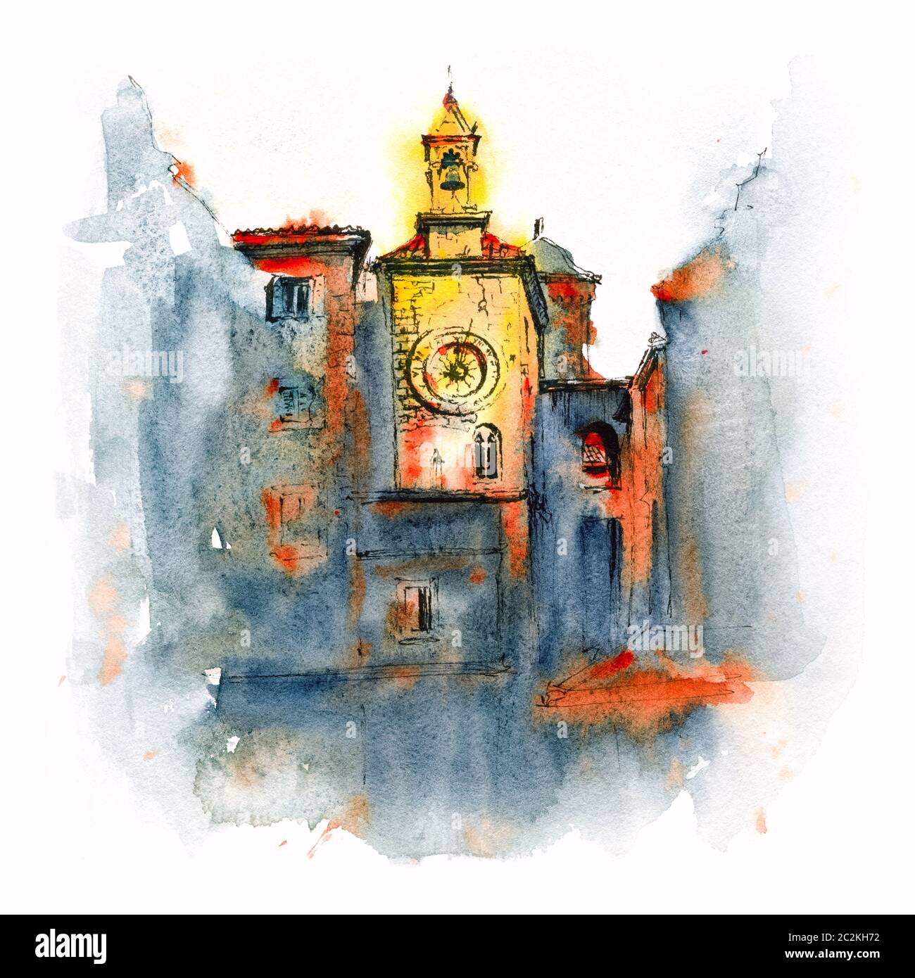 Croquis aquarelle du clocher roman avec horloge et cloche à côté de la porte de fer, porte occidentale du Palais Dioclétien dans la vieille ville médiévale de Split, Banque D'Images