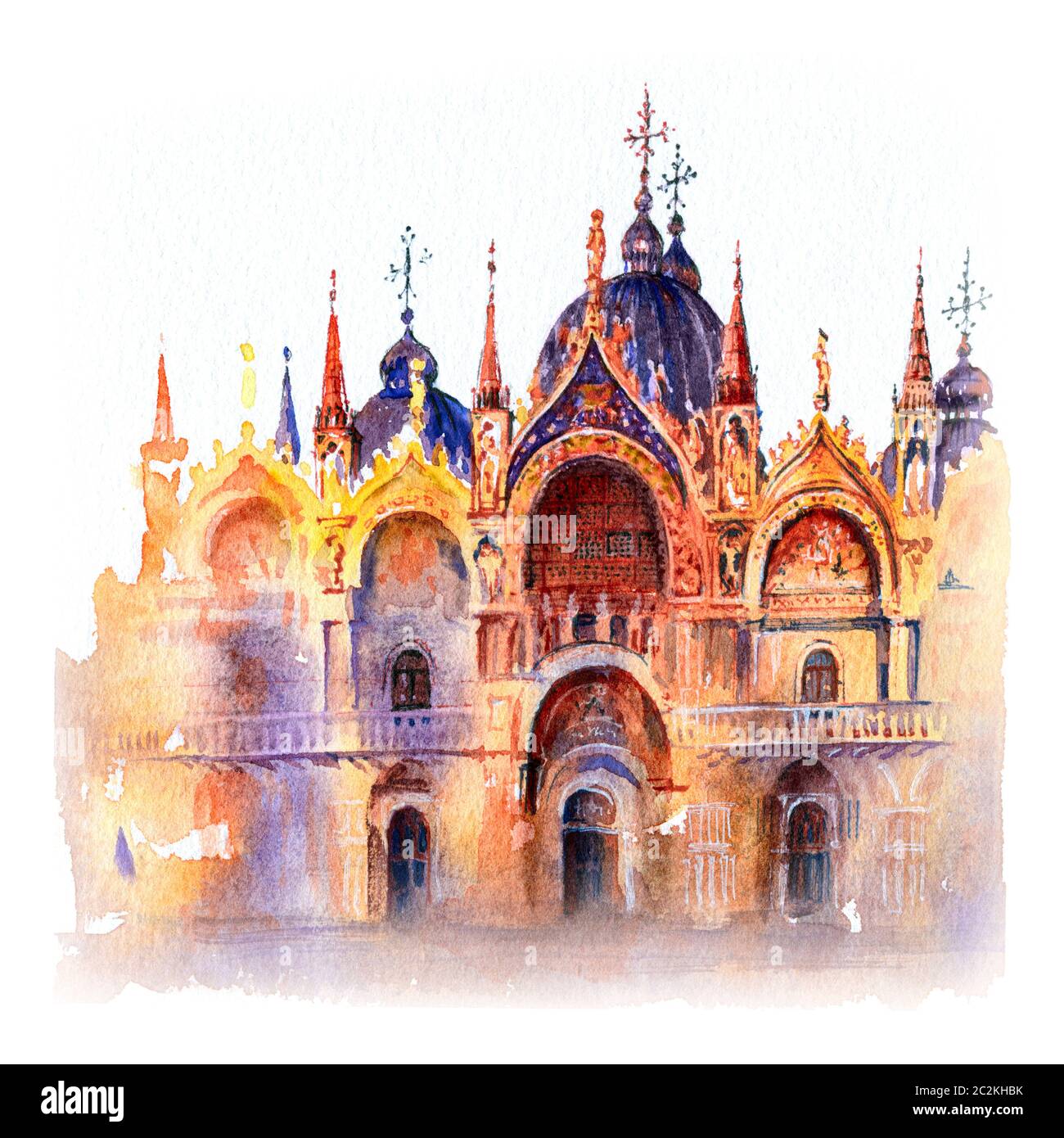 Aquarelle de Cathédrale Basilique de Saint Marc, Venise, Italie. Banque D'Images