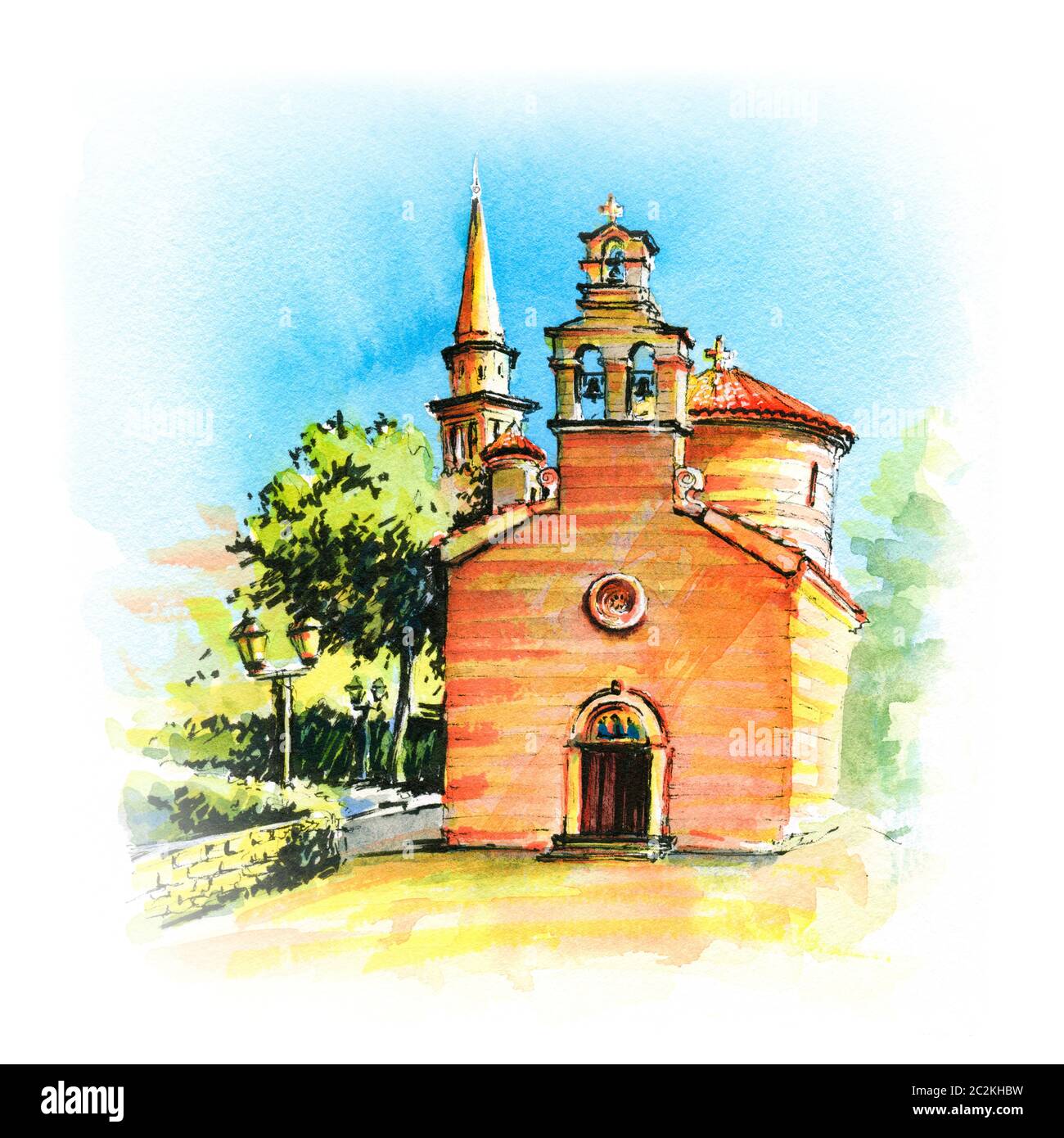 Aquarelle des églises Saint Ivan et Sainte Trinité de la ville monténégrine de Budva, Monténégro Banque D'Images