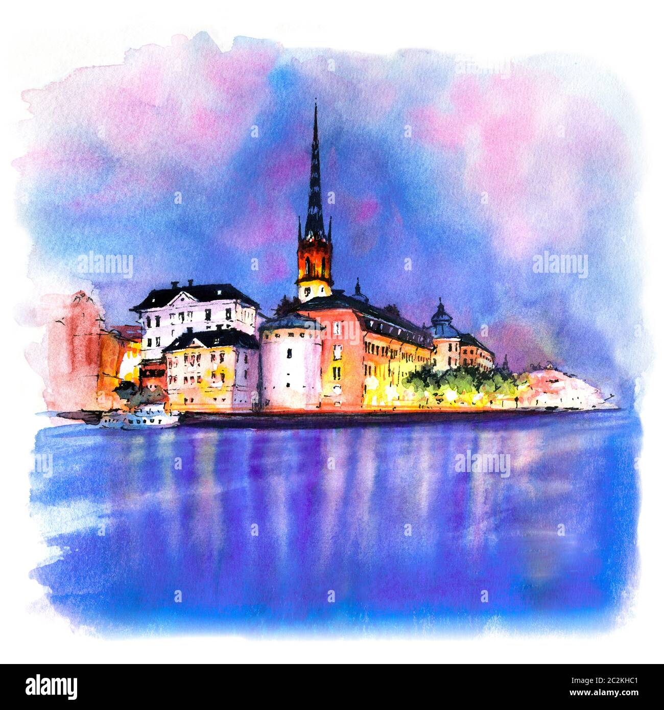 Aquarelle de nuit à Riddarholmen, Gamla Stan dans la vieille ville de Stockholm, la capitale de la Suède Banque D'Images