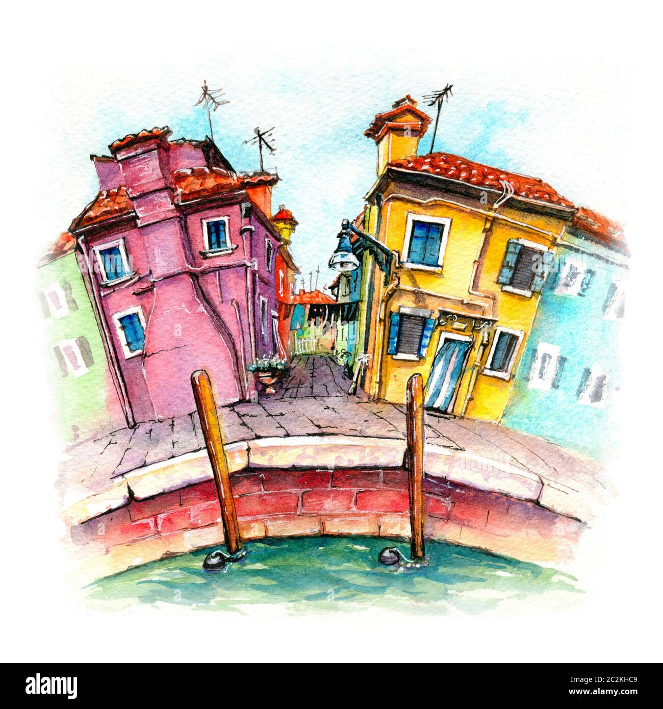 Croquis aquarelle de jolies maisons colorées sur la célèbre île de Burano, Venise, Italie. Marqueurs d'image Banque D'Images