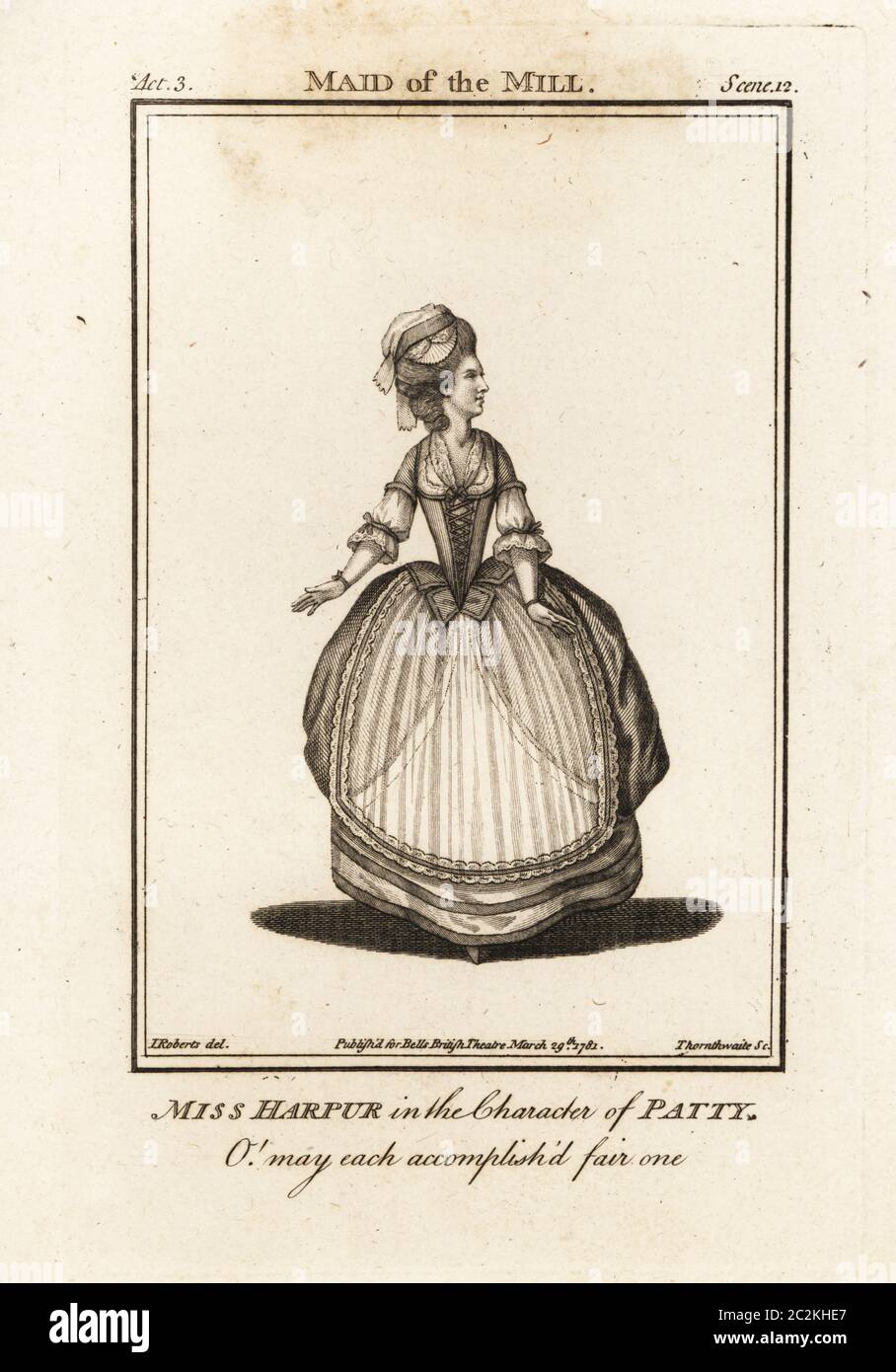 Mlle Harpur dans le personnage de Patty dans l'opéra comique Maid of the Mill par Isaac Bickerstaff. Elizabeth Bannister ou Mlle Harper (1757-1849) est une actrice et chanteuse britannique. Gravure sur plaque de copperplate de J. Thornthwaite, d'après une illustration de James Roberts du Théâtre britannique de Bell, composé des pièces les plus appréciées, John Bell, Londres, 1781. Banque D'Images