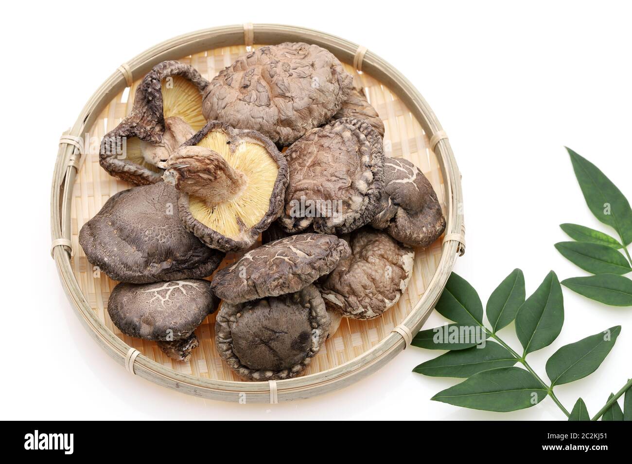 Champignons shiitake séchés japonais dans un panier de bambou Banque D'Images