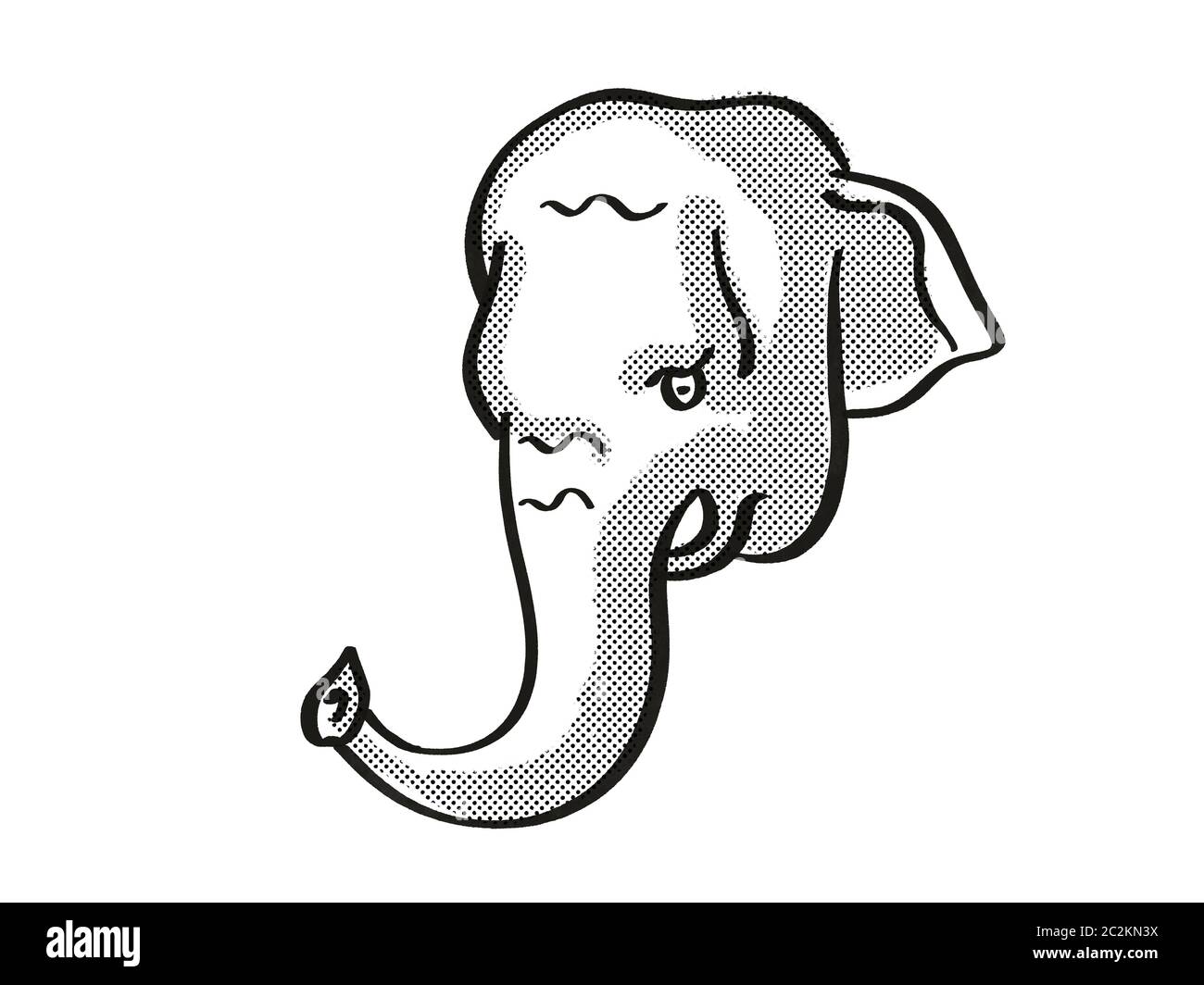 Retro cartoon style ligne mono dessin de tête d'un éléphant de Bornéo ou Elephas maximus borneensis , une espèce en voie d'espèces isolées sur des white ba Banque D'Images