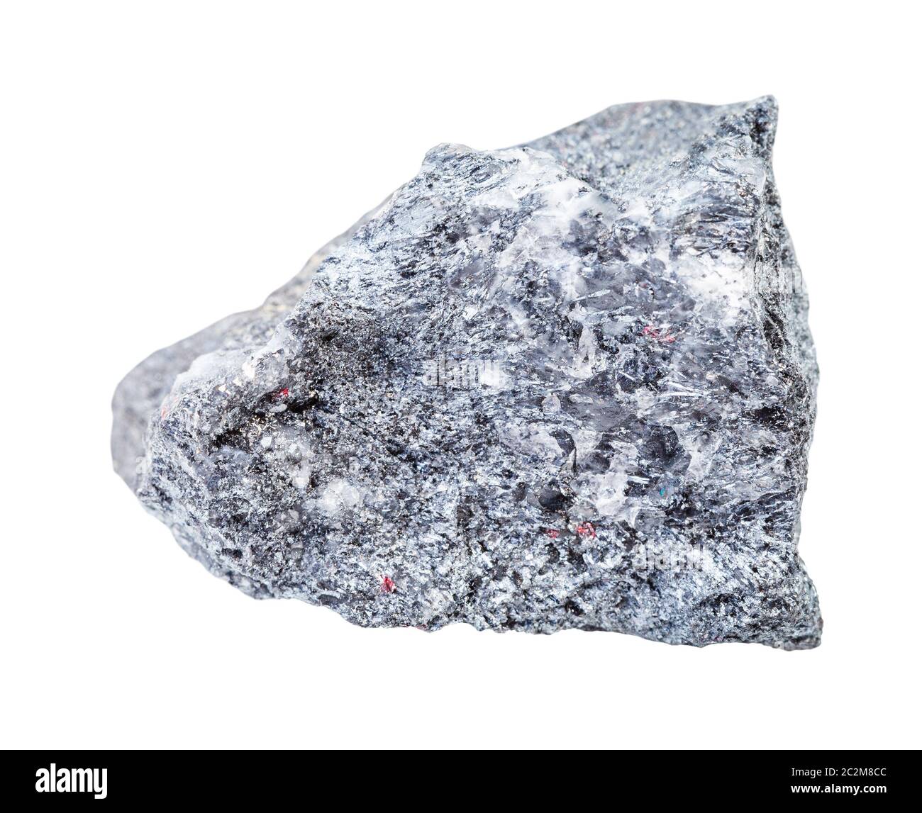 Gros plan de l'échantillon de minéraux naturels de la collection géologique - minerai de Stibnite rugueux (antimonite) isolé sur fond blanc Banque D'Images