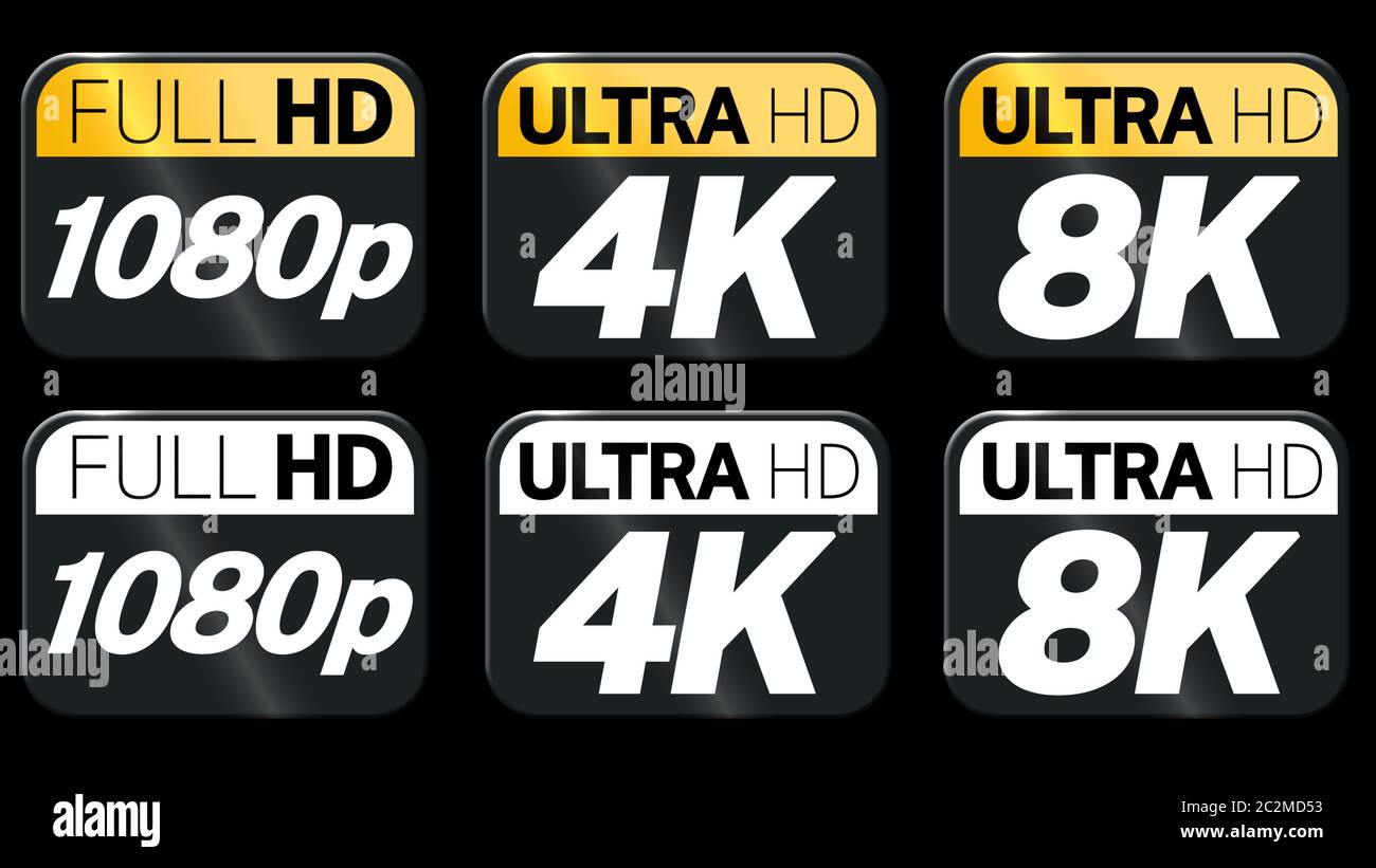 Logo FullHD, 4k et 8k Set, simple et plat. Icônes de résolution d'écran ou de vidéo noir, blanc et doré. Logos 1080p, 4K et 8k Banque D'Images