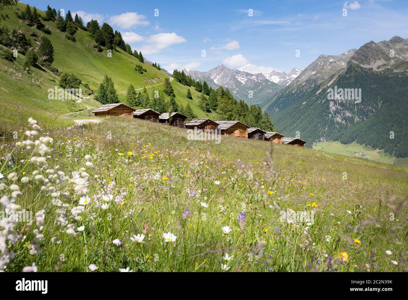 Les hangars de Lobiser Schupfen dans la vallée d'Aurina, dans le Tyrol du Sud, en Italie Banque D'Images