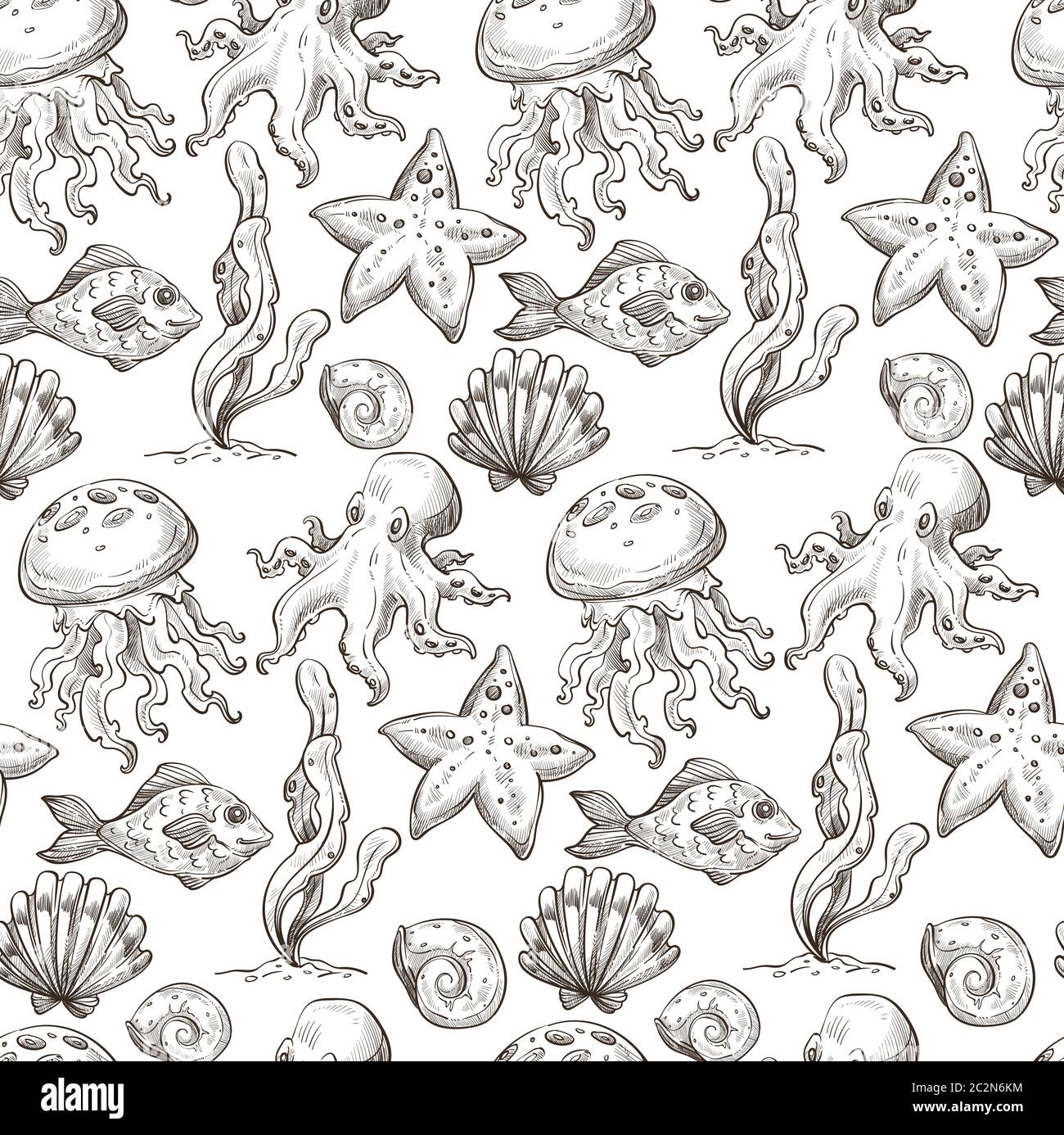 Pieuvre et mouillage, poissons et aquarium d'algues sans couture Illustration de Vecteur