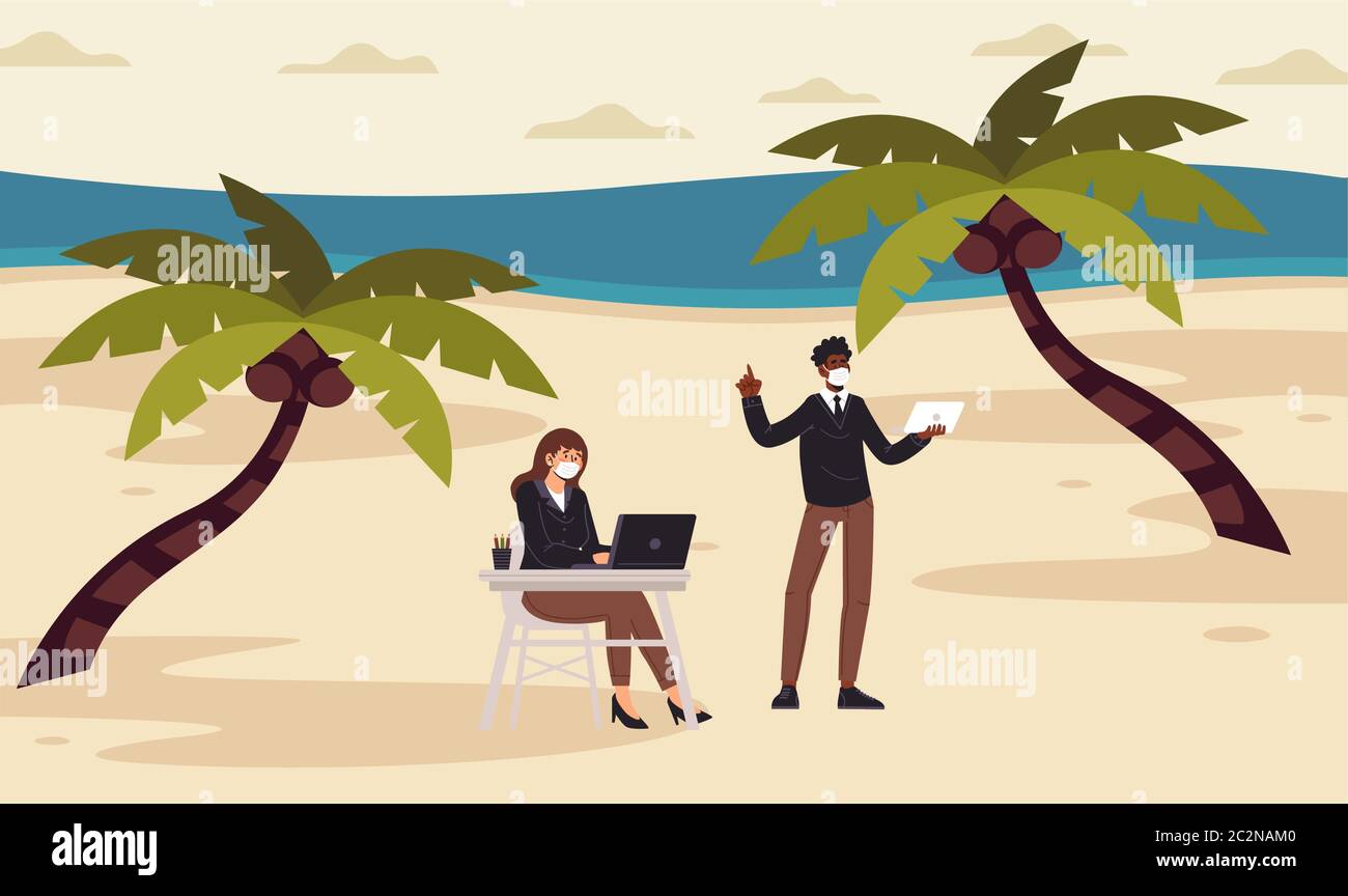 les gens travaillent sur leur ordinateur portable, assis sur la plage Illustration de Vecteur