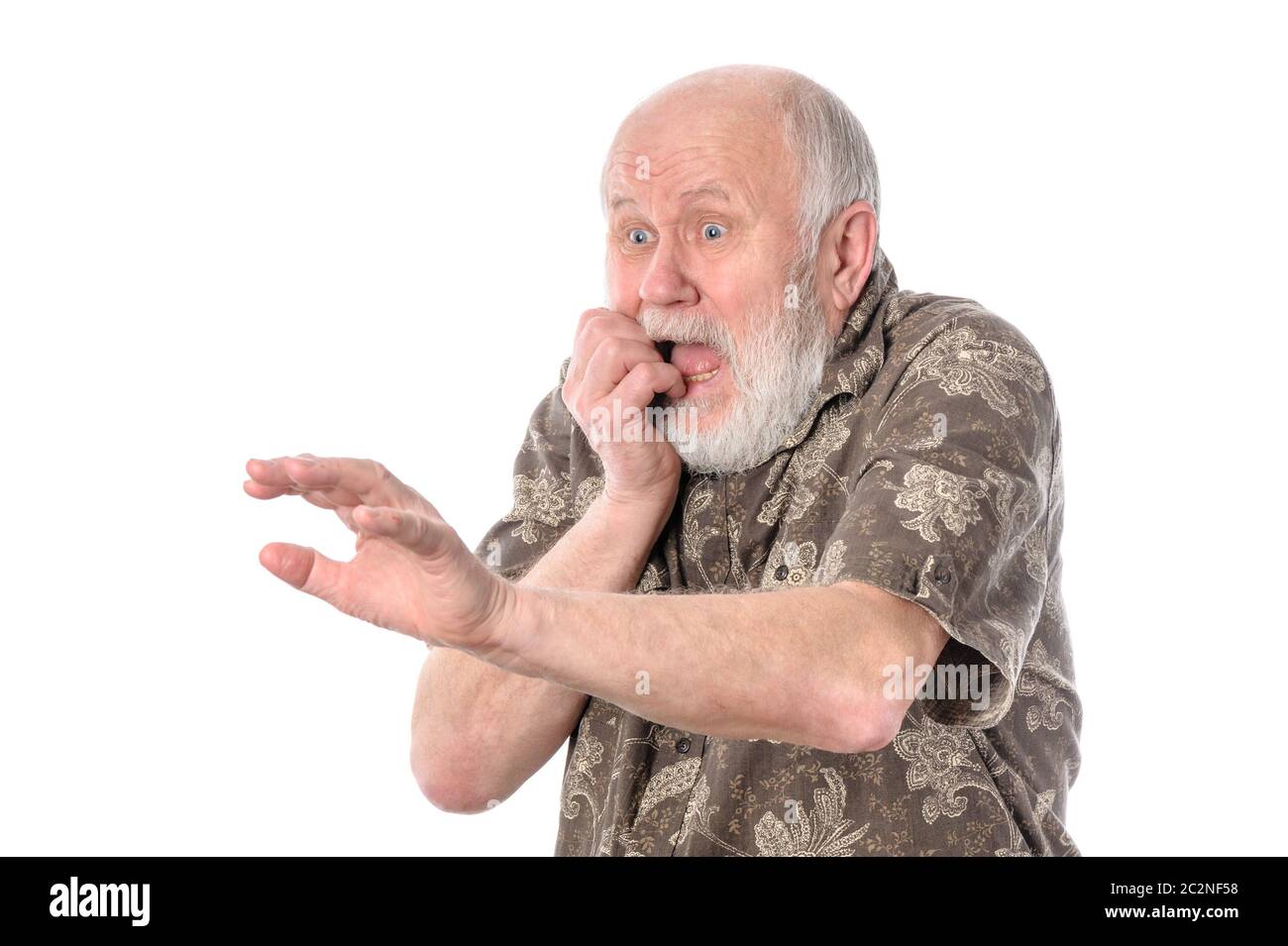 Man avec grimace de peur, isolated on white Banque D'Images