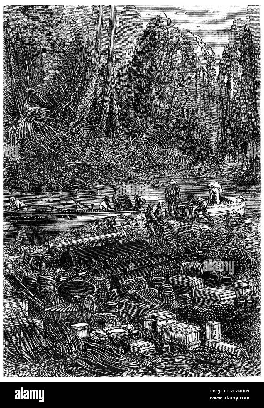 Tous ces objets ont été placés sur la banque, illustration gravée vintage. Jules Verne 3 russe et 3 anglais, 1872. Banque D'Images