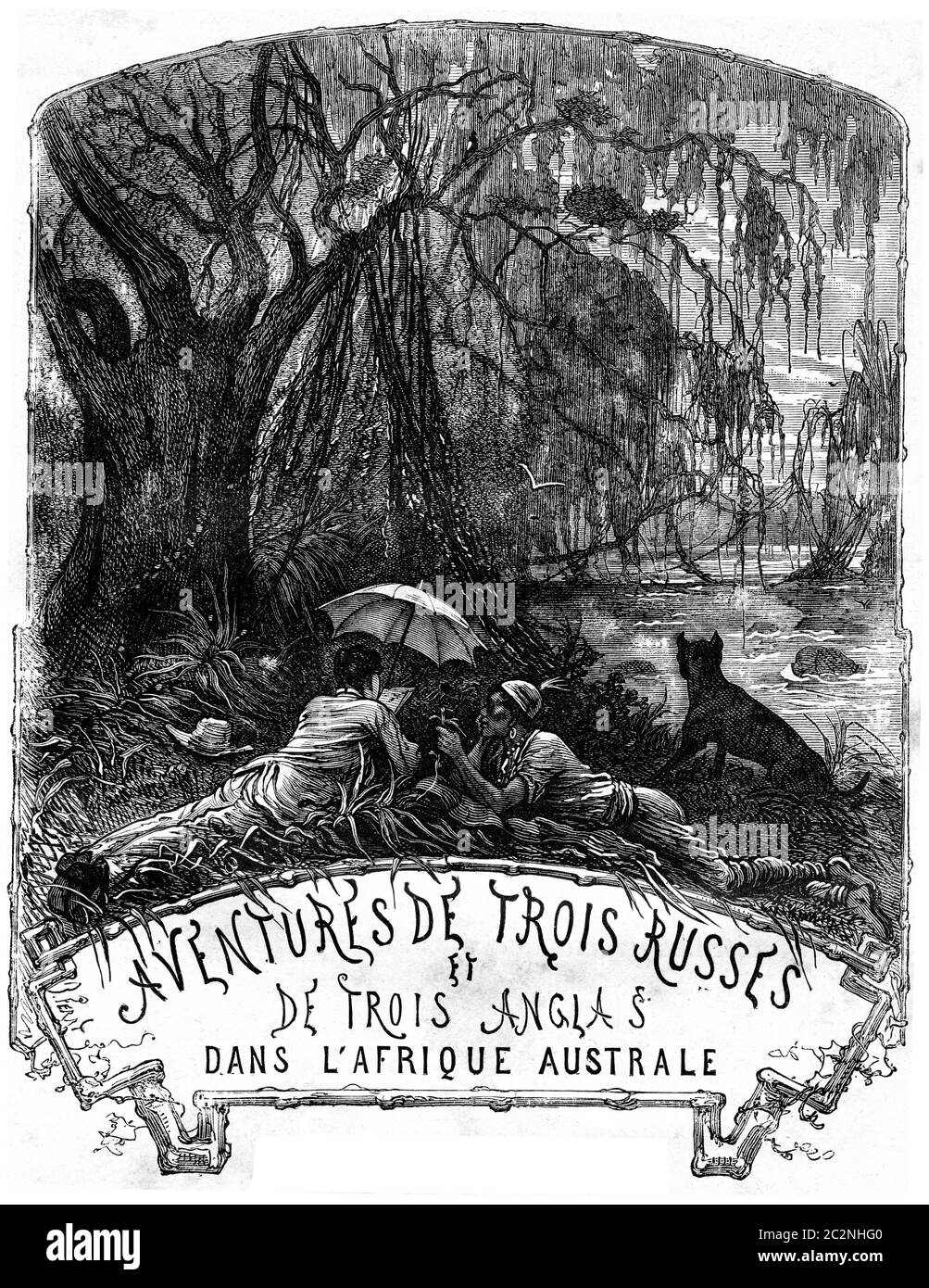 Sur les rives de la rivière Orange, illustration gravée d'époque. Jules Verne 3 russe et 3 anglais, 1872. Banque D'Images