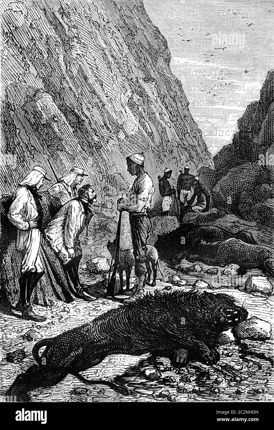 Les explorateurs de soldats et les chasseurs indigènes de la tribu Makololo avec un lion mort en Afrique du Sud. De Jules Verne 3 Russes et 3 Livre anglais, gravvin vintage Banque D'Images