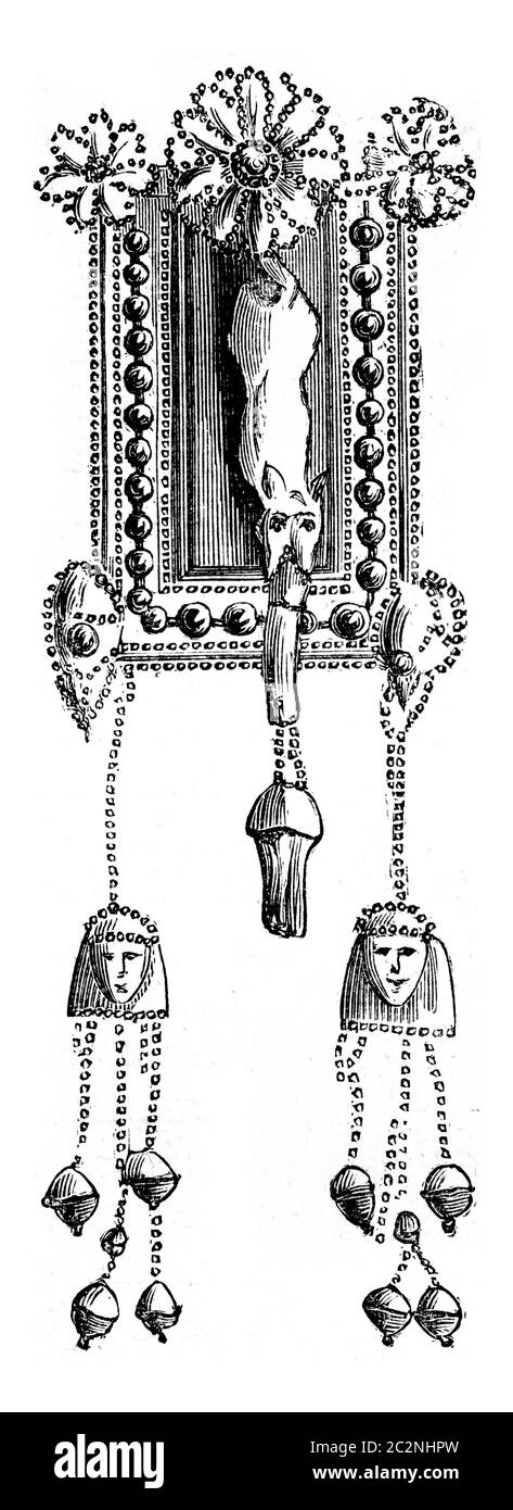 Boucles d'oreilles phéniciennes anciennes censées être égyptiennes d'origine artistique, probablement échangées par Kameiros, Rhodes en Grèce, conservées au Louvre Mu Banque D'Images