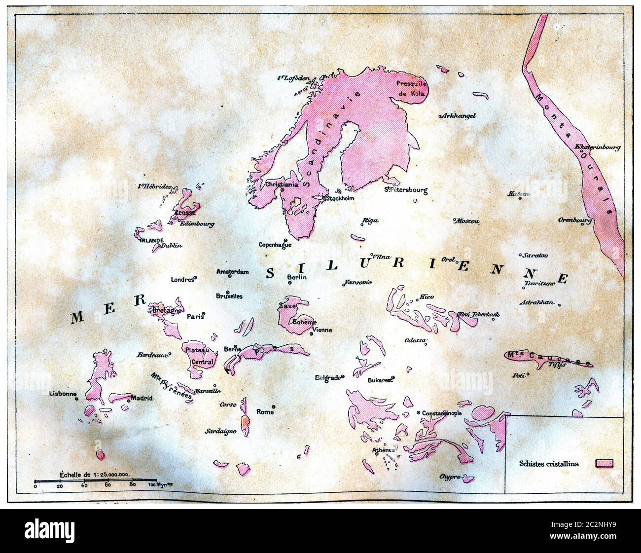Carte de terre émergée en Europe au temps de la mer silurienne, illustration gravée d'époque. La terre avant l'homme – 1886. Banque D'Images