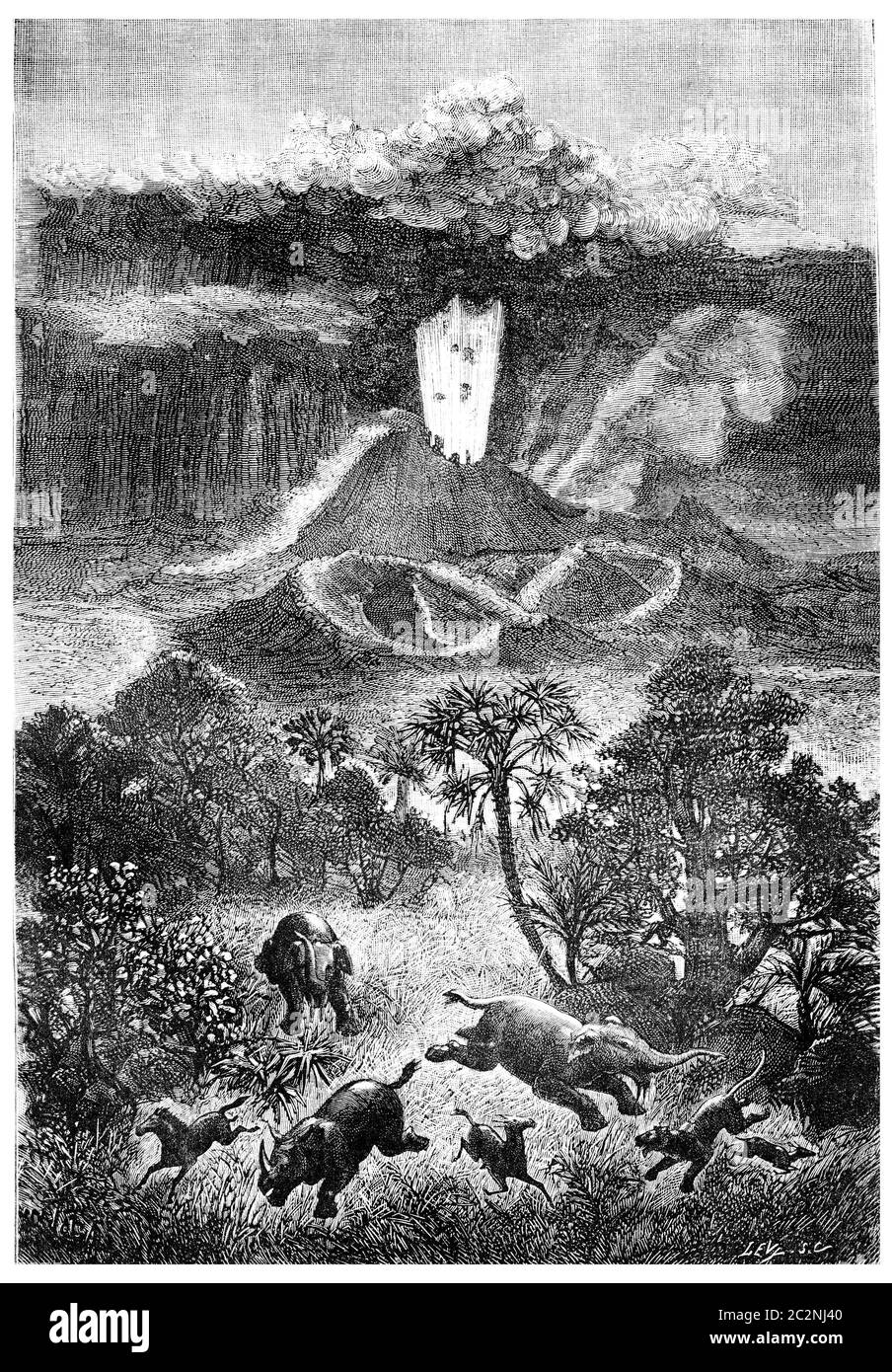 Les volcans français pendant la période Miocène, illustration gravée d'époque. La terre avant l'homme – 1886. Banque D'Images