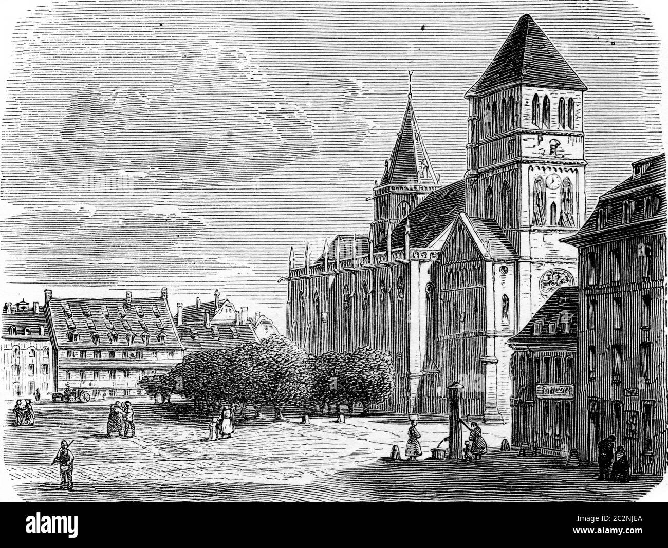 Église Saint Thomas à Strasbourg, Alsace, France. Du chemin des Ecoles, gravure ancienne, 1876. Banque D'Images