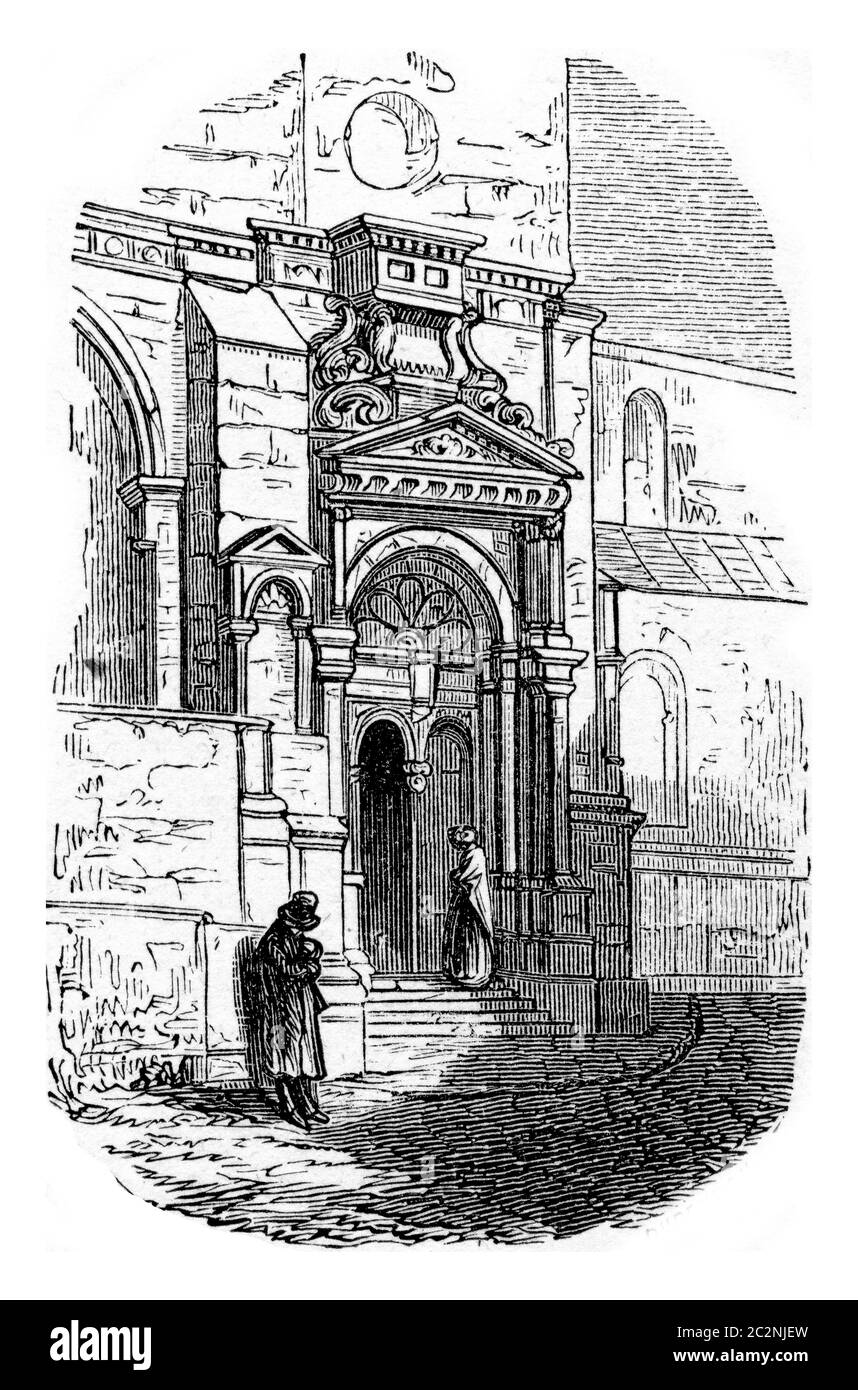 Entrée de l'église d'Epagny en haute-Savoie, France. Du chemin des Ecoles, gravure ancienne, 1876. Banque D'Images