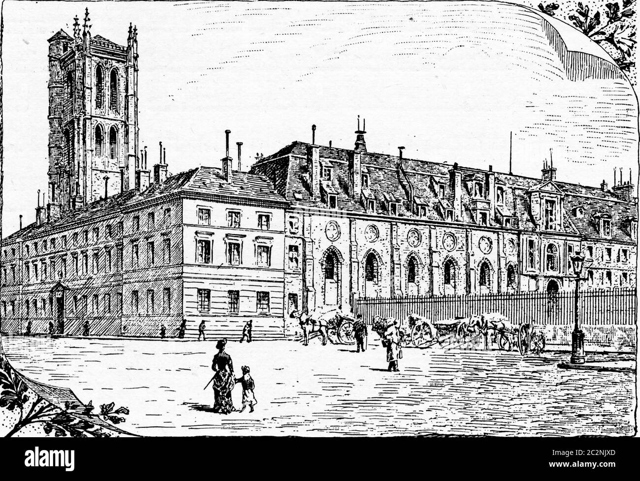 Visitez Clovis et les vestiges de l'ancien cloître, illustration gravée d'époque. Paris - Auguste VITU – 1890. Banque D'Images