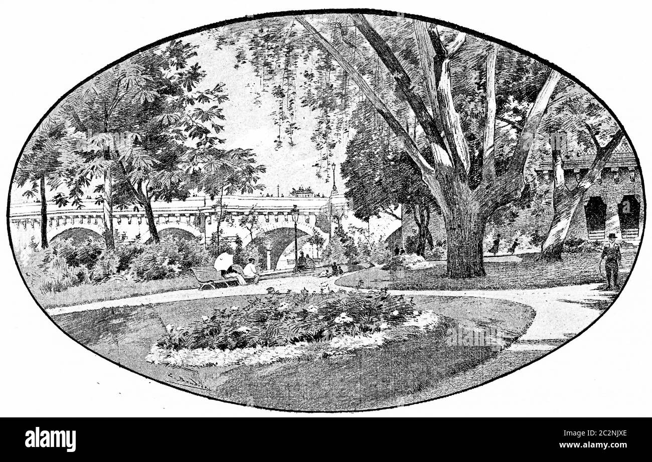 Le Pont neuf, du point de l'île, illustration gravée d'époque. Paris - Auguste VITU – 1890. Banque D'Images